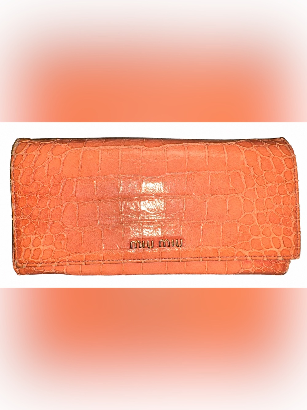 Miu Miu Coral Croc-Embossed Patent Leather Wallet with Gold Logo Accent